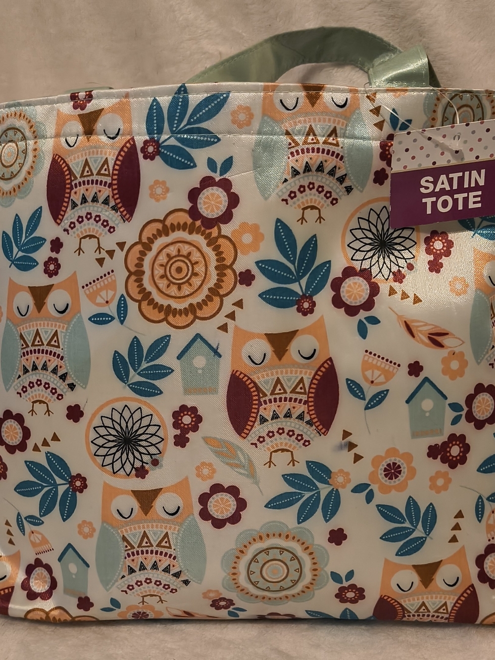 Satin Tote Bag with Owl Print - Multicolor